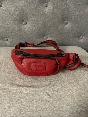 Coach Red Leather Belt Bag with Striped Strap